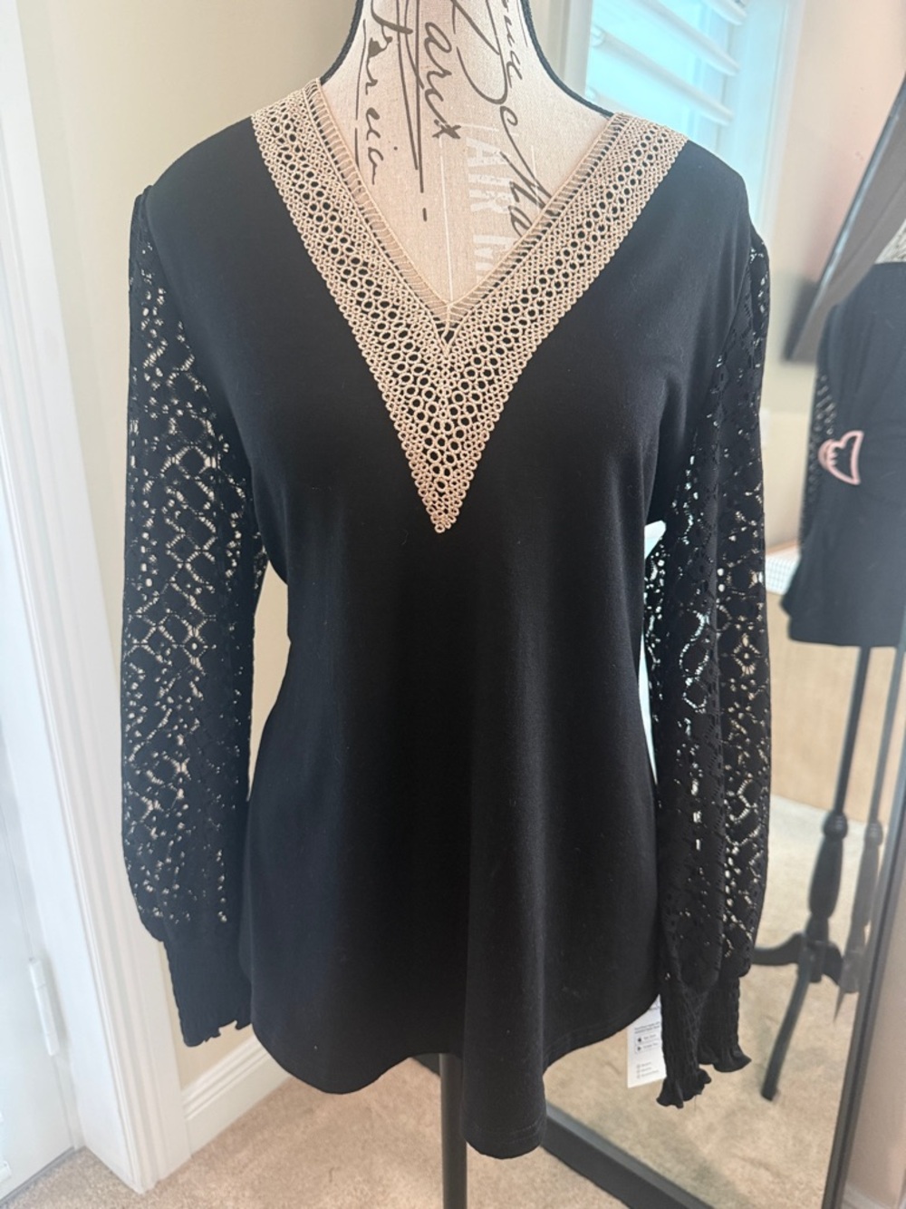 Cupshe Black Long Sleeve V-Neck Top with Cream Crochet Trim - Super slimming.